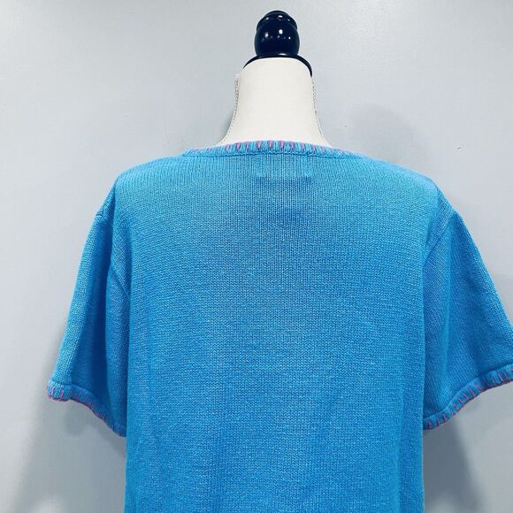 VTG The Quacker Factory L Blue Short Sleeve Beachy Knit Tunic Sweater Whimsical - Picture 13 of 16